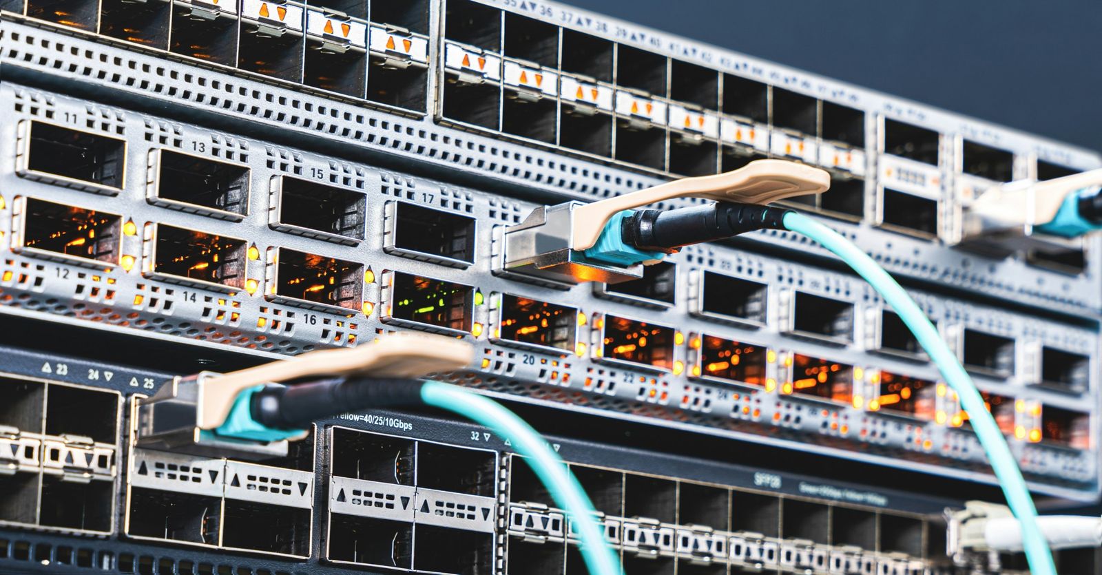 Fiber optic cables connected to switch SFP ports