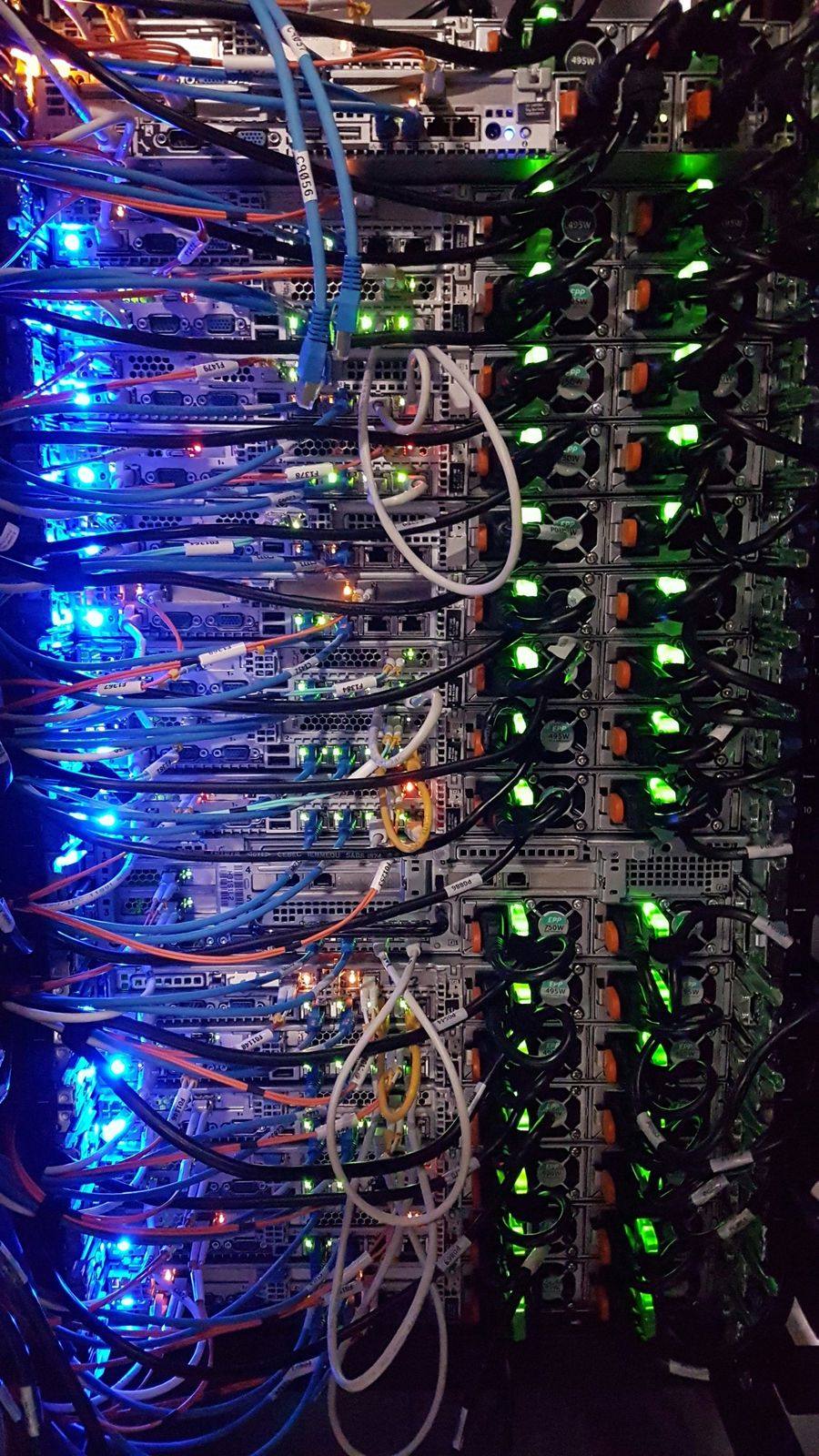 Server rack with labeled network, fiber and power cabling